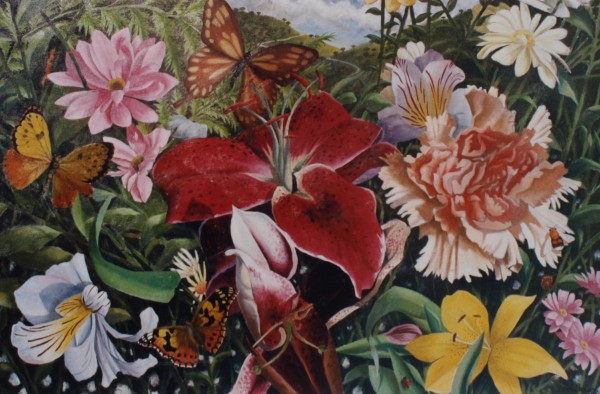 Flowers and Butterflies oil on board